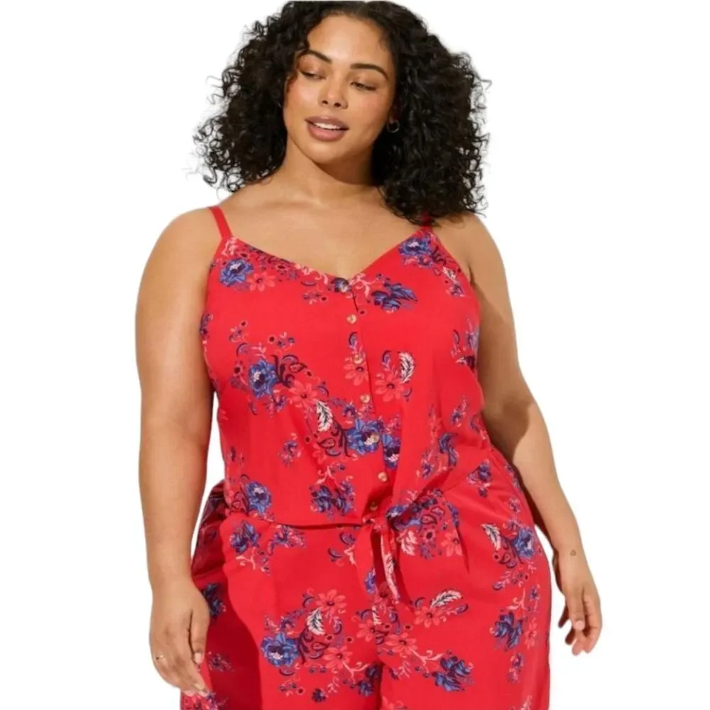 TORRID Red Floral challis button down crop top with  pull on pant set NWT